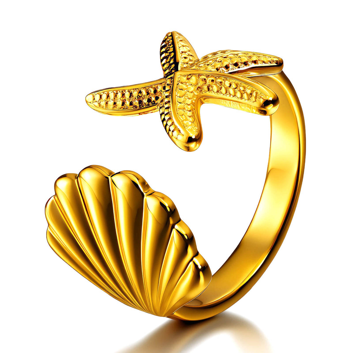 Starfish and Seashell PVD Gold-Plated Stainless Steel Finger Ring